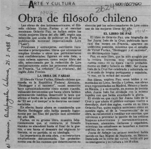 Obra de filósofo chileno  [artículo].