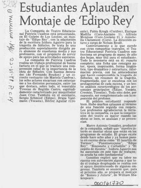 Estudiantes aplauden montaje de "Edipo Rey"  [artículo].