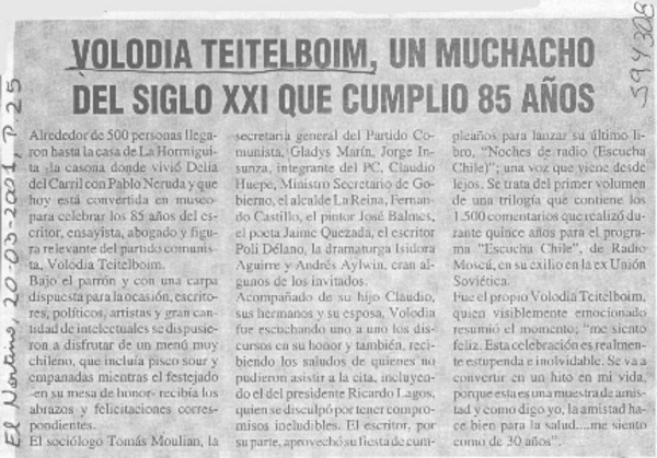 Volodia Teitelboim, un muchacho del siglo XXI que cumplió 85 años  [artículo]