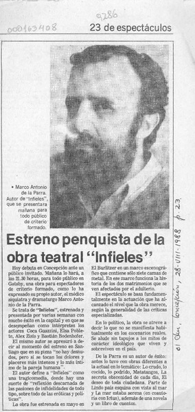 Estreno penquista de la obra teatral "Infieles"  [artículo].