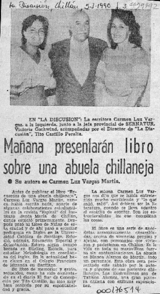Mañana presentarán libro sobre una abuela chillaneja  [artículo].