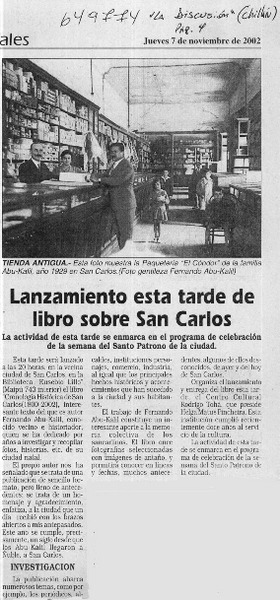 Lanzamiento esta tarde de libro sobre San Carlos  [artículo]