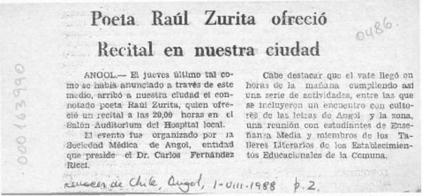 Poeta Raúl Zurita ofreció recital en nuestra ciudad  [artículo].
