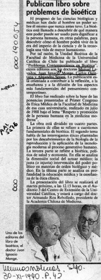 Publican libro sobre problemas de bioética  [artículo]