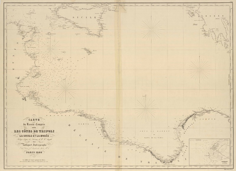 Carte du bassin compris entre les côtes de Tripoli, la Sicile et la Morée redigée d'après les travaux de W. H. Smyth [material cartográfico] : par Robiquet Hydrographe.