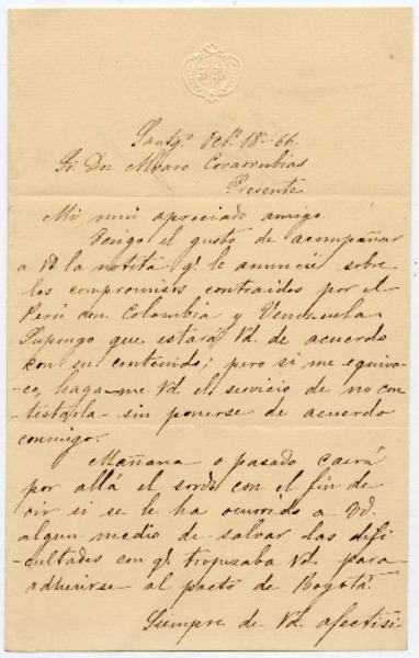 [Carta] [18]66 octe. 18, Santgo. Sr. Dn. Alvaro Covarrubias presente