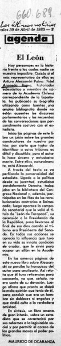 El León  [artículo] Mauricio de Ocaranza.