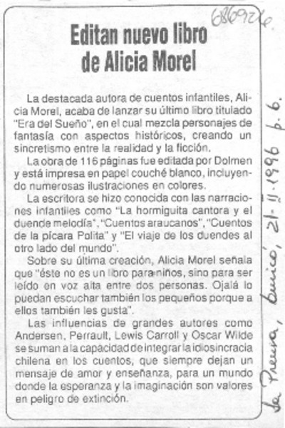 Editan nuevo libro de Alicia Morel.