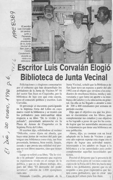 Escritor Luis Corvalán elogió Biblioteca de junta vecinal