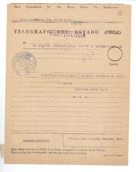 [Telegrama] 1957 feb. 15, El Almendral, Chile [a] Joaquín Edwards Bello