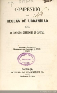 Portada de Compendio de reglas de urbanidad para el uso de los colejios de la capital, 1852 Portada de Compendio de reglas de urbanidad para el uso de los colejios de la capital, 1852