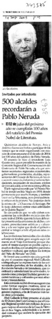 500 alcaldes recordarán a Pablo Neruda 500 alcaldes recordarán a Pablo Neruda