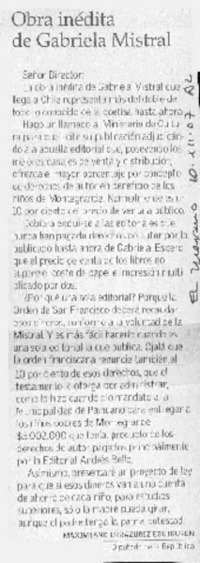 Obra inédita de Gabriela Mistral Obra inédita de Gabriela Mistral