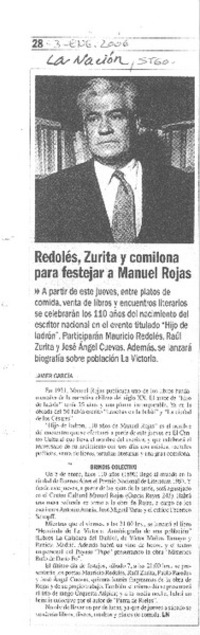 Redolés, Zurita y comilona para festejar a Manuel Rojas. Redolés, Zurita y comilona para festejar a Manuel Rojas.