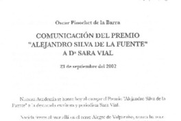 Comunicación del Premio "Alejandro Silva de la Fuente" a Da. Sara Vial Comunicación del Premio "Alejandro Silva de la Fuente" a Da. Sara Vial