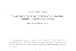Comunicación del Premio Academia a don Gustavo Donoso Comunicación del Premio Academia a don Gustavo Donoso