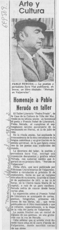 Homenaje a Pablo Neruda en taller. Homenaje a Pablo Neruda en taller.