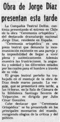Obra de Jorge Díaz presentan esta tarde. Obra de Jorge Díaz presentan esta tarde.