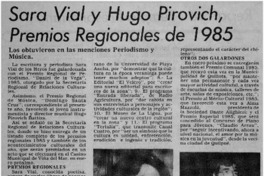 Sara Vial y Hugo Pirovich, premios regionales de 1985. Sara Vial y Hugo Pirovich, premios regionales de 1985.