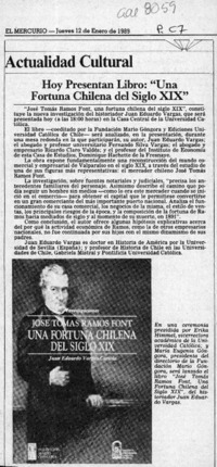Hoy presentan libro, "Una fortuna chilena del siglo XIX" Hoy presentan libro, "Una fortuna chilena del siglo XIX"
