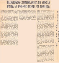Elogiosos comentarios en Suecia para el premio Nobel de Neruda. Elogiosos comentarios en Suecia para el premio Nobel de Neruda.
