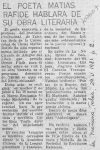 El poeta Matías Rafide hablará de su obra literaria. El poeta Matías Rafide hablará de su obra literaria.