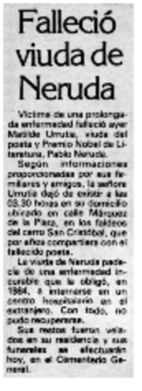 Falleció viuda de Neruda Falleció viuda de Neruda