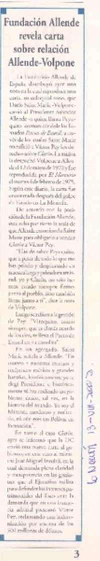 Fundación Allende revela carta sobre relación Allende-Volpone. Fundación Allende revela carta sobre relación Allende-Volpone.