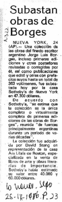 Subastan obras de Borges Subastan obras de Borges