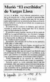 Murió "El escribidor" de Vargas Llosa. Murió "El escribidor" de Vargas Llosa.