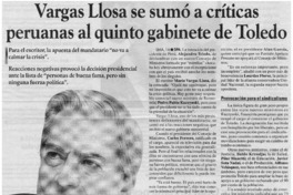Vargas Llosa se sumó a críticas peruanas al quinto gabinete de Toledo Vargas Llosa se sumó a críticas peruanas al quinto gabinete de Toledo
