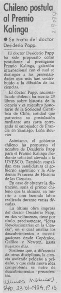Chileno postula al premio Kalinga Chileno postula al premio Kalinga