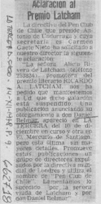Aclaración al Premio Latcham. Aclaración al Premio Latcham.