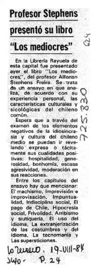 Profesor Stephens presentó su libro "Los Mediocres". Profesor Stephens presentó su libro "Los Mediocres".