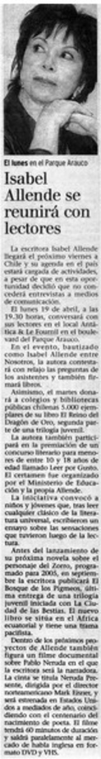 Isabel Allende se reunirá con lectores. Isabel Allende se reunirá con lectores.