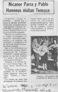 Nicanor Parra y Pablo Huneeus visitan Temuco Nicanor Parra y Pablo Huneeus visitan Temuco