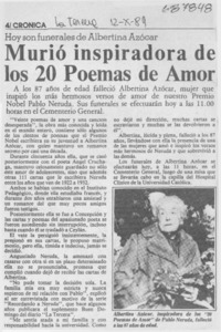 Murió inspiradora de los 20 poemas de amor. Murió inspiradora de los 20 poemas de amor.