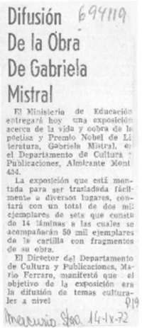 Difusión de la obra de Gabriela Mistral. Difusión de la obra de Gabriela Mistral.