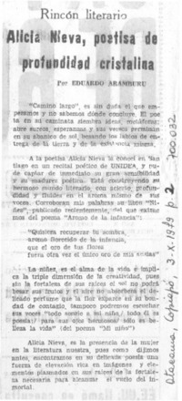Alicia Nieva, poetisa de profundidad cristalina Alicia Nieva, poetisa de profundidad cristalina