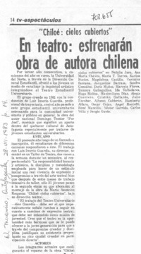 En teatro: estrenarán obra de autora chilena. En teatro: estrenarán obra de autora chilena.