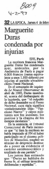 Marguerite Duras condenada por injurias. Marguerite Duras condenada por injurias.