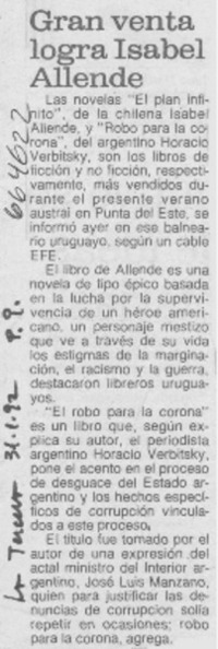 Gran venta logra Isabel Allende. Gran venta logra Isabel Allende.