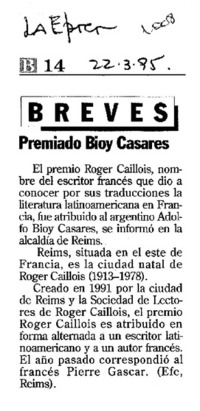 Premiado Bioy Casares. Premiado Bioy Casares.