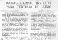 Matías Cardal invitado para tertulia de junio. Matías Cardal invitado para tertulia de junio.