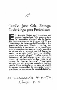 Camilo José Cela entrega dodecálogo para periodistas. Camilo José Cela entrega dodecálogo para periodistas.