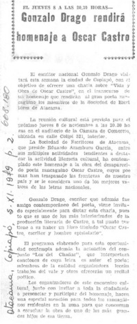 Gonzalo Drago rendirá homenaje a Oscar Castro. Gonzalo Drago rendirá homenaje a Oscar Castro.