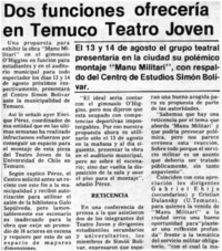 Dos funciones ofrecería en Temuco Teatro Joven Dos funciones ofrecería en Temuco Teatro Joven