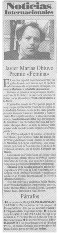 Javier Marías obtuvo premio "Femina" Javier Marías obtuvo premio "Femina"
