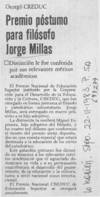 Premio póstumo para filósofo Jorge Millas. Premio póstumo para filósofo Jorge Millas.