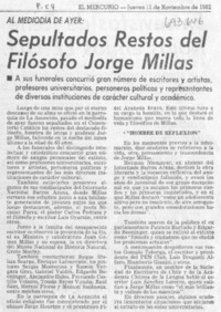 Sepultados restos del filósofo Jorge Millas. Sepultados restos del filósofo Jorge Millas.